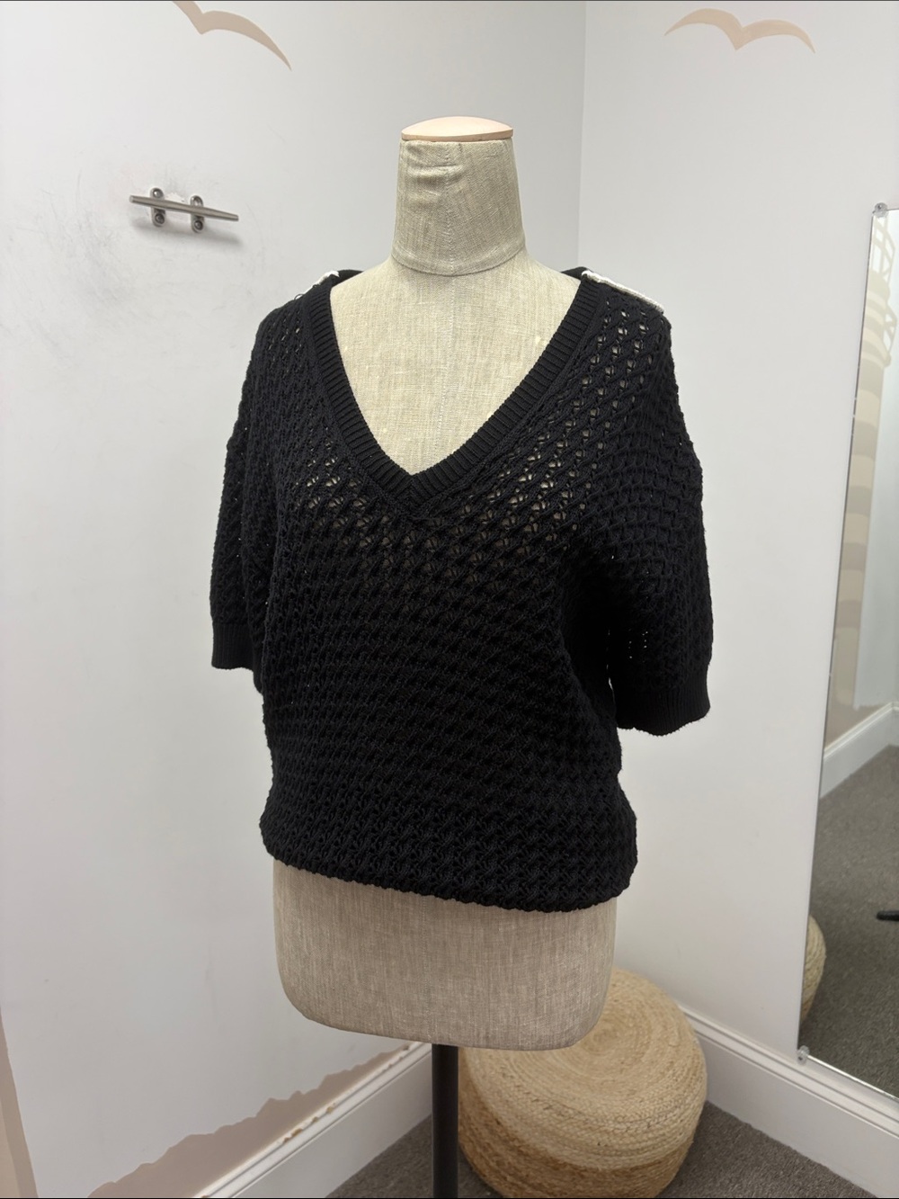 Varley Black V-Neck Short Sleeve Knit Sweater